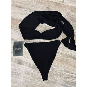 Naked Wardrobe Swim Black Bikini Wrap Top Size Small